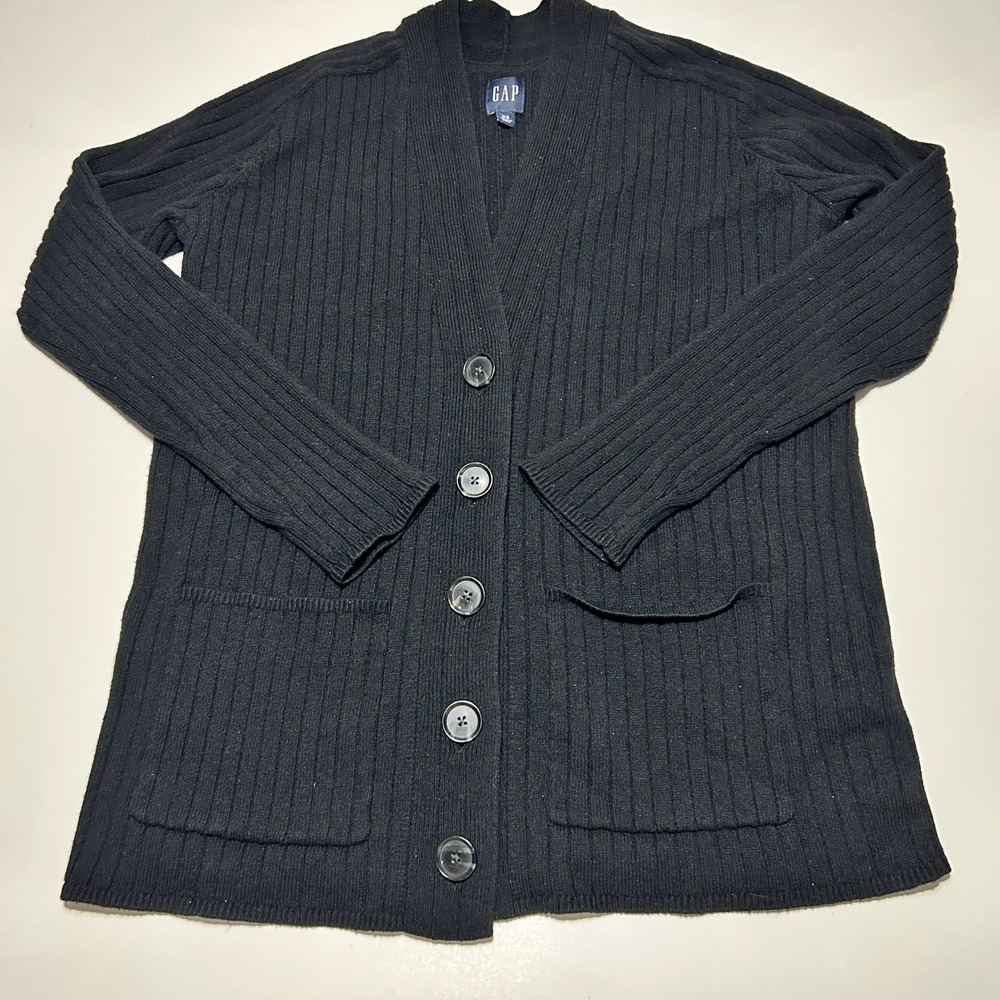 Gap Women XS Black Ribbed Knit Longline Cardigan Button Front Pocket Sweater